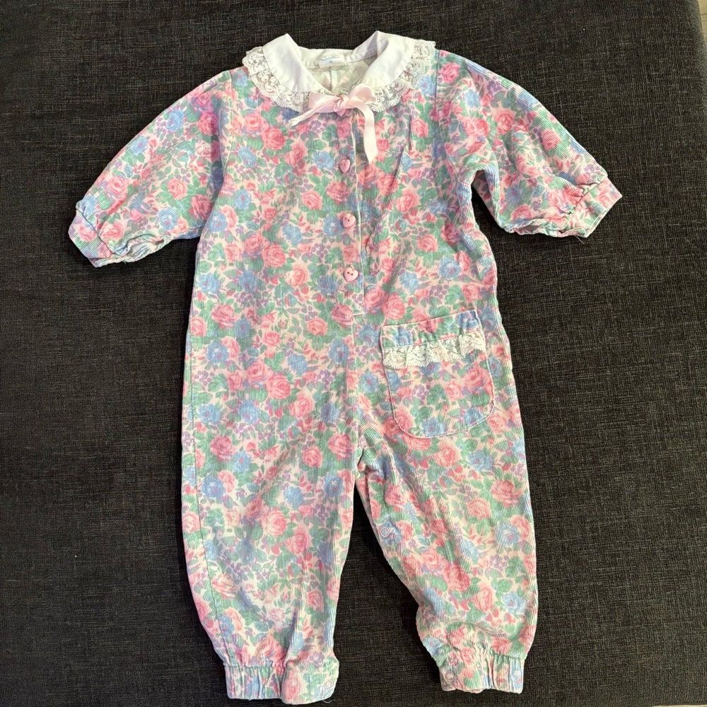 Vintage Hopscotch Late 80s Floral Corduroy Lace Collar Romper Size 24m